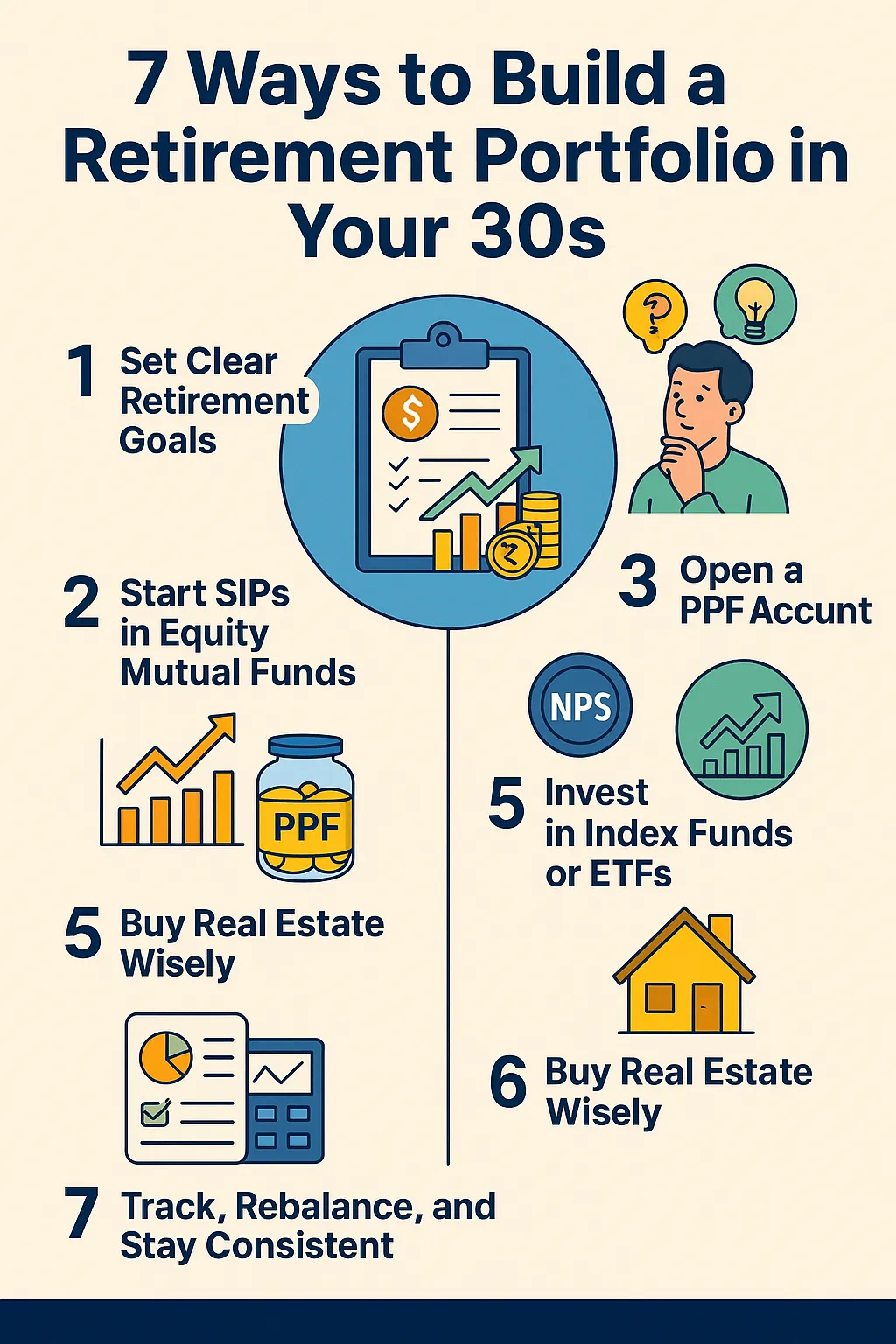 Infographic showing 7 ways to build a retirement portfolio in your 30s, including SIPs in mutual funds, PPF, NPS, index funds, real estate, goal setting, and portfolio rebalancing, with colorful icons and a clean, professional layout.